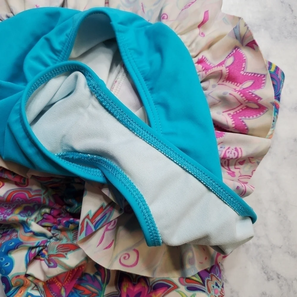 Lands' End Swimsuit Girls‎ 14 Paisley 1 piece Blue Pink Halter Beach